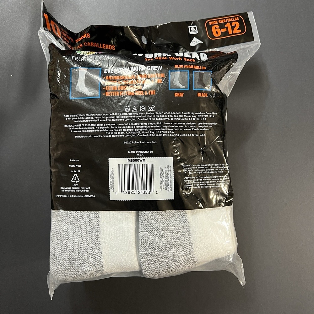10 Pairs Mens Socks White Mid Calf Tube Socks 6-12 Fruit of the Loom Work Gear - Picture 2 of 3